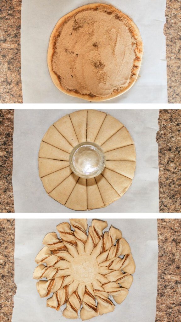 cinnamon twist instructional photos showing a woman making the rolls
