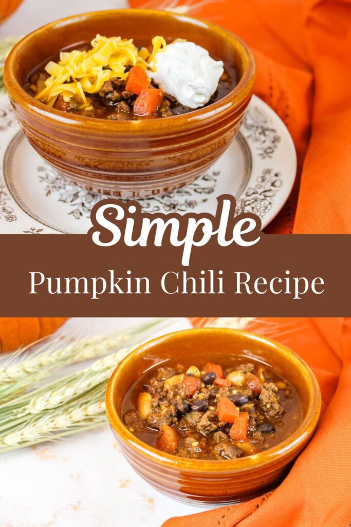 pinterest graphic displaying two photos of a bowl of chili sitting beside an orange dish rag