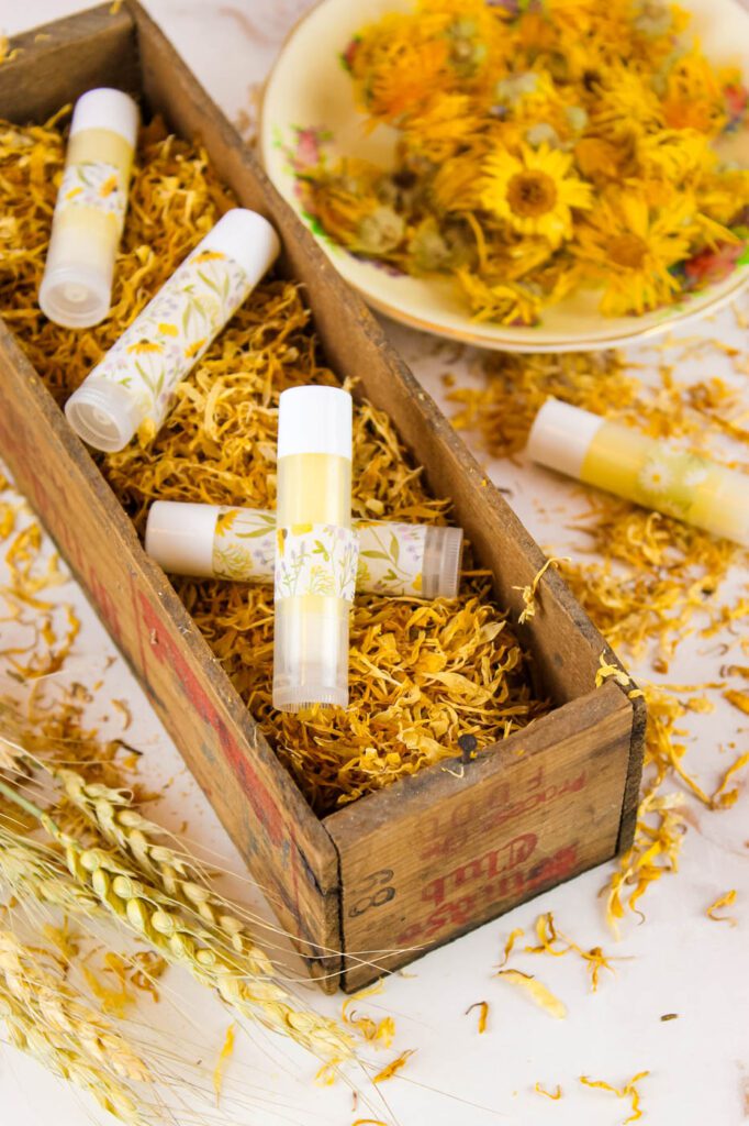 wooden box filled with dried calendula and homemade lip balm tubes