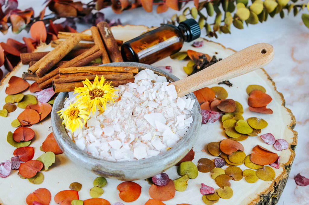 homemade bath salt surrounded by dried botanicals