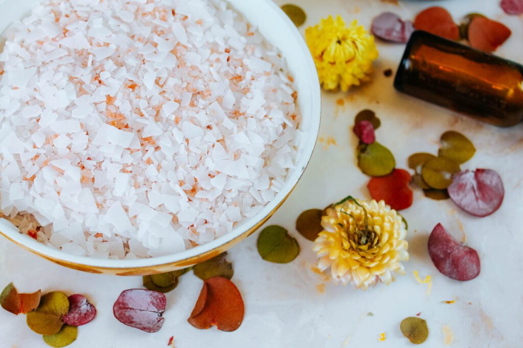 herbal bath salt in a golden bowl