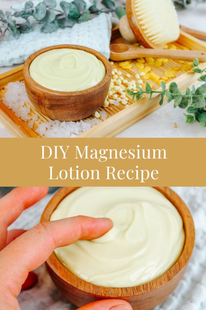 pinterest graphic displaying photos of homemade lotion with magnesium flakes