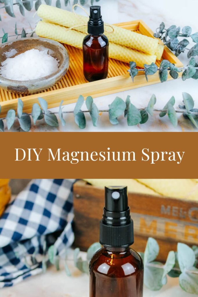 pinterest graphic displaying two photos of an amber glass spray bottle filled with magnesium oil