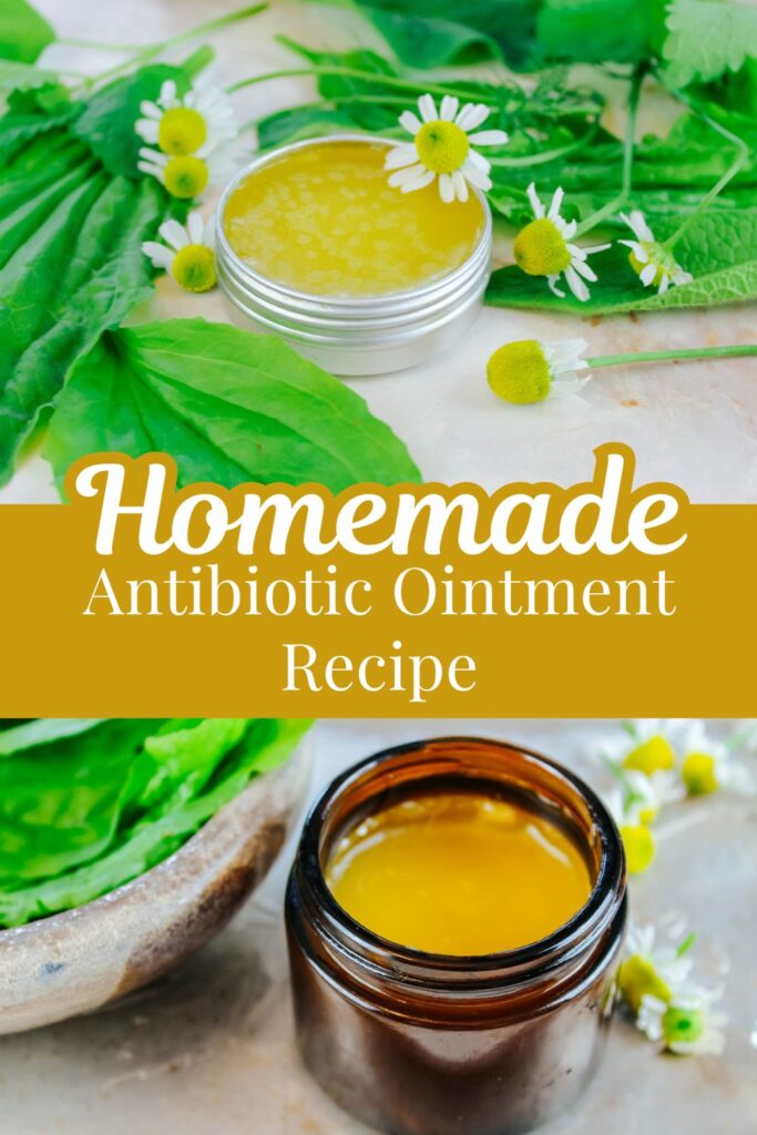 pinterest image displaying photo of jars of antibiotic salve